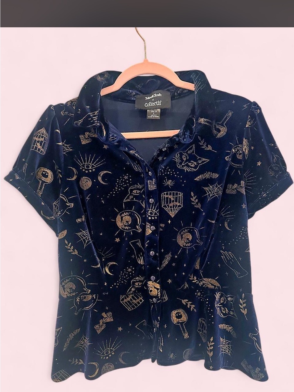 ModCloth Collectif Navy Velvet Button-Up Blouse with Gold Celestial Print